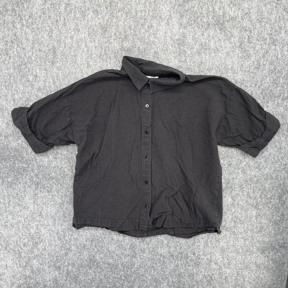 Eileen Fisher Shirt Womens Small Black Short Sleeve Button Boxy Linen Blend